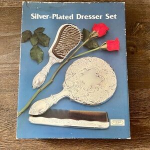 Vintage Silver-Plated Mirror Brush Comb Vanity Dresser 3-Piece Set